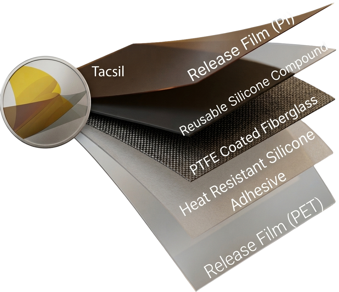TacSil F20BP layered construction showing release film silicone compound PTFE coated fiberglass adhesive and PET release film